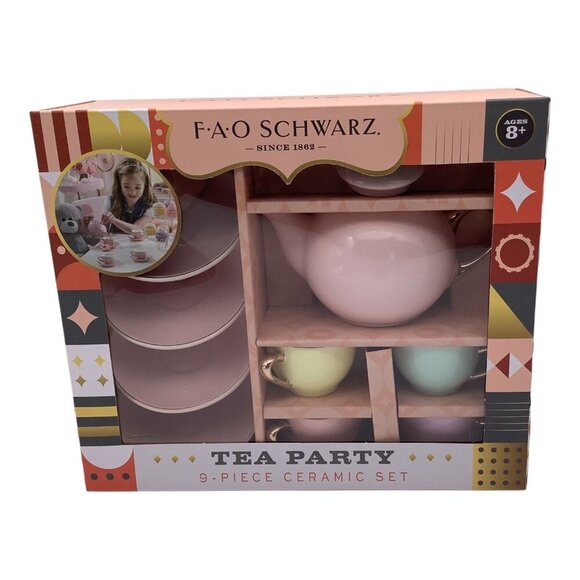 FAO Schwarz 9-Piece Ceramic Tea Party Set For Kids Hand Glazed Porcelain Teapot - Picture 4 of 7
